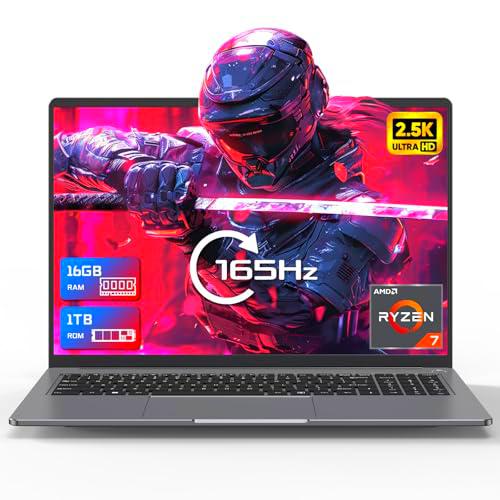 Ordenador portátil Gamer PC 16GB RAM DDR5 1TB SSD 16 pulgadas 2.5K 165Hz AMD Ryzen 7840HS Procesador (UP to 5,1 Ghz) Computer con WiFi6 Bluetooth 5.2 USB 3.1 PD 3.0 (película de teclado incluida)